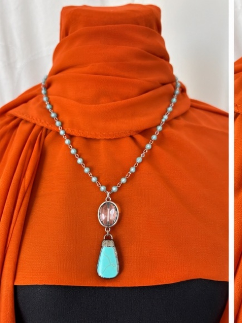 Turquoise Drop Pendant Necklace with Beaded Chain - Blue/Turquoise